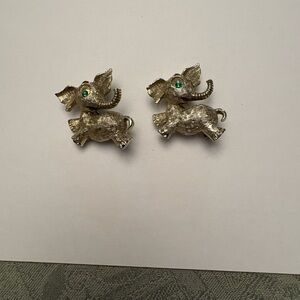 Vintage Child’s Elephant Pins Gold-Toned w/ Green Eyes Costume Jewelry One Pair
